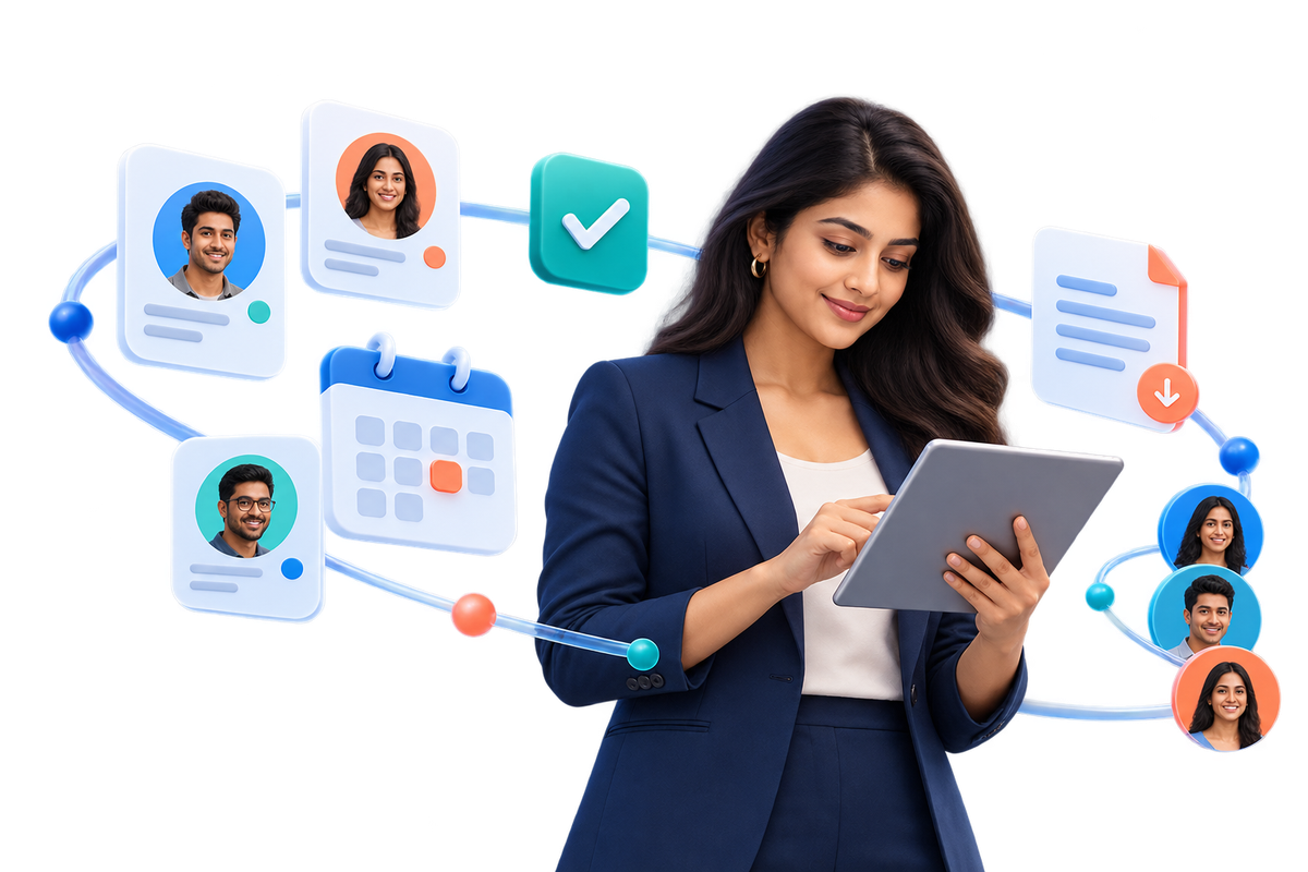 An HR professional connecting employee profiles, calendars and documents
